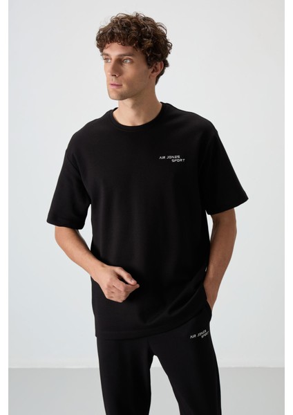 Siyah Pamuklu Kalın Yumuşak Dokulu Oversize Fit Nakışlı Erkek Eşofman Takım - 85252