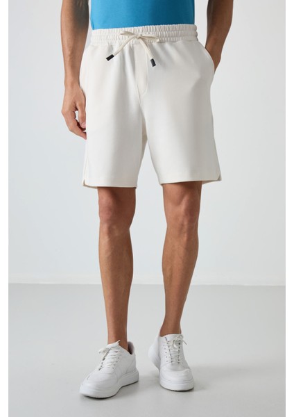 Ekru Pamuklu Kalın Yumuşak Dokulu Comfort Fit Basic Erkek Şort - 81274