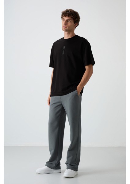 Siyah Pamuklu Kalın Yüzeyi Dokulu Oversize Fit Baskılı Erkek T-Shirt - 88368