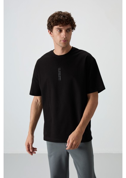 Siyah Pamuklu Kalın Yüzeyi Dokulu Oversize Fit Baskılı Erkek T-Shirt - 88368