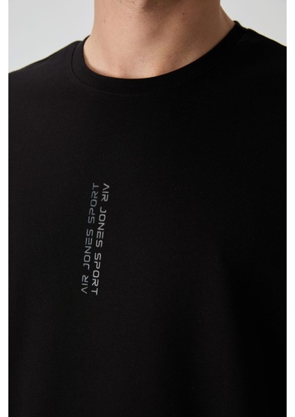 Siyah Pamuklu Kalın Yüzeyi Dokulu Oversize Fit Baskılı Erkek T-Shirt - 88368
