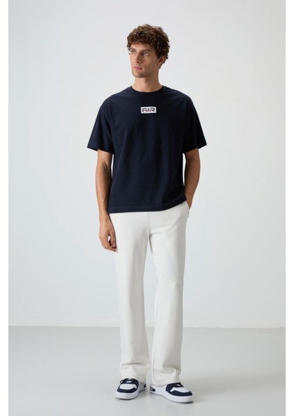Lacivert Pamuklu Kalın Yüzeyi Dokulu Oversize Fit Baskılı Erkek T-Shirt - 88367