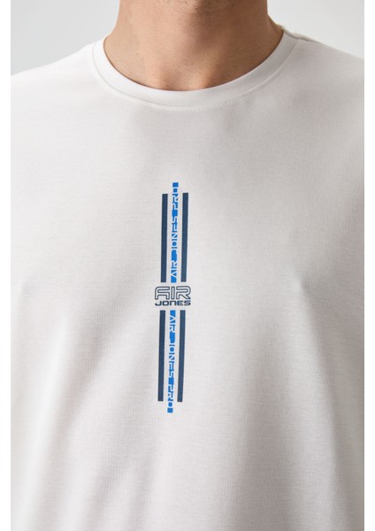 Ekru Pamuklu Kalın Yüzeyi Dokulu Oversize Fit Baskılı Erkek T-Shirt - 88366
