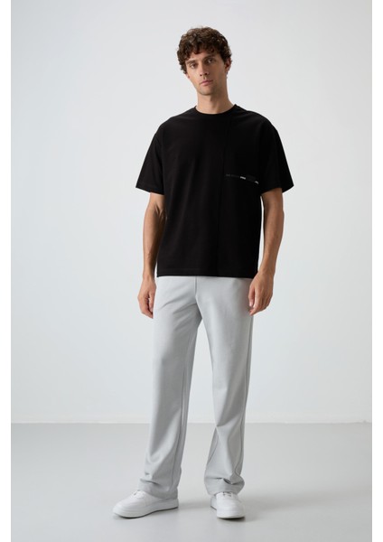 Siyah Pamuklu Kalın Yüzeyi Dokulu Oversize Fit Baskılı Erkek T-Shirt - 88370