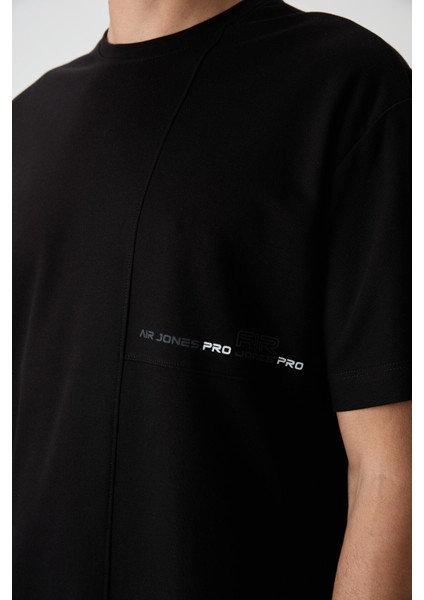 Siyah Pamuklu Kalın Yüzeyi Dokulu Oversize Fit Baskılı Erkek T-Shirt - 88370