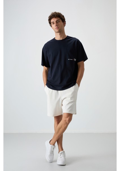Lacivert Pamuklu Kalın Yüzeyi Dokulu Oversize Fit Baskılı Erkek T-Shirt - 88370