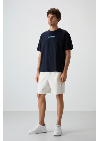 Lacivert Pamuklu Kalın Yüzeyi Dokulu Oversize Fit Baskılı Erkek T-Shirt - 88372 modelleri