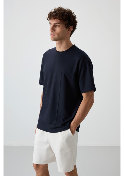 Lacivert Waffle İnterlok Yüzeyi Dokulu Oversize Fit Basic Erkek T-Shirt - 88380 fırsatları