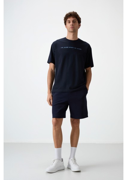Lacivert Pamuklu Kalın Yüzeyi Dokulu Oversize Fit Baskılı Erkek T-Shirt - 88371 indirimleri