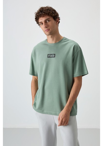 Açık Yeşil Pamuklu Kalın Yüzeyi Dokulu Oversize Fit Baskılı Erkek T-Shirt - 88367