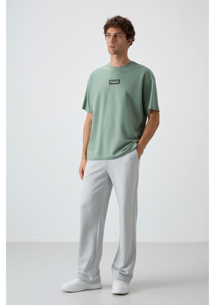 Açık Yeşil Pamuklu Kalın Yüzeyi Dokulu Oversize Fit Baskılı Erkek T-Shirt - 88367