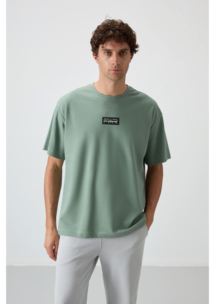 Açık Yeşil Pamuklu Kalın Yüzeyi Dokulu Oversize Fit Baskılı Erkek T-Shirt - 88367