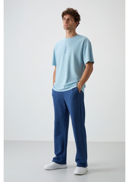 Açık Mavi Pamuklu Kalın Yüzeyi Dokulu Oversize Fit Baskılı Erkek T-Shirt - 88368