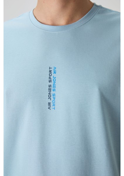 Açık Mavi Pamuklu Kalın Yüzeyi Dokulu Oversize Fit Baskılı Erkek T-Shirt - 88368