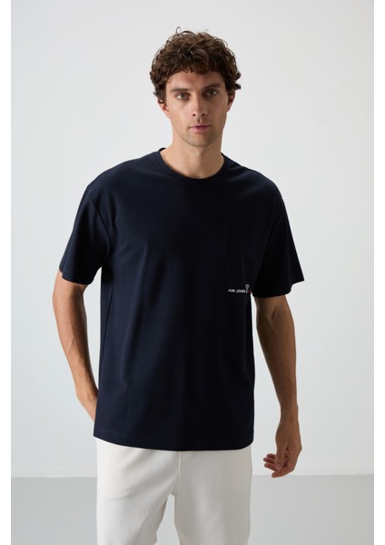 Lacivert Pamuklu Kalın Yüzeyi Dokulu Oversize Fit Baskılı Erkek T-Shirt - 88370