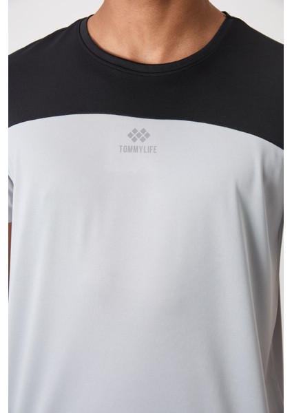 Gri Polyester Nefes Alan Dokulu İnce Esnek Standart Fit Erkek Performans T-Shirt - 88386