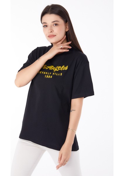 Düz Bisiklet Yaka Kadın Siyah Baskılı T-Shirt - 25701