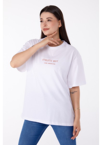 Düz Bisiklet Yaka Kadın Beyaz Baskılı T-Shirt - 25693