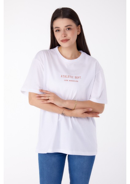 Düz Bisiklet Yaka Kadın Beyaz Baskılı T-Shirt - 25693