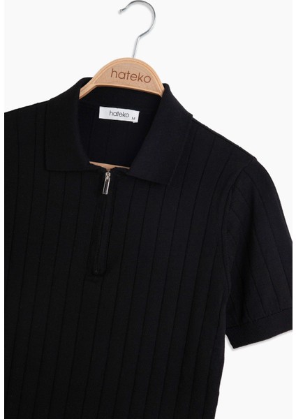 Erkek Siyah %100 Pamuk Yarım Fermuarlı Polo Triko Tişört