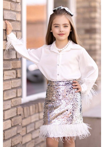 Kız Çocuk Kol Uçları ve Etek Uçu Kırçıllı Pulpaytet Detaylı Gümüş Etekli Takım