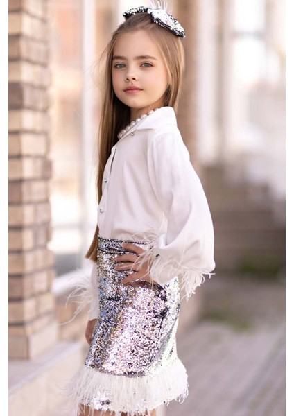 Kız Çocuk Kol Uçları ve Etek Uçu Kırçıllı Pulpaytet Detaylı Gümüş Etekli Takım fiyatları