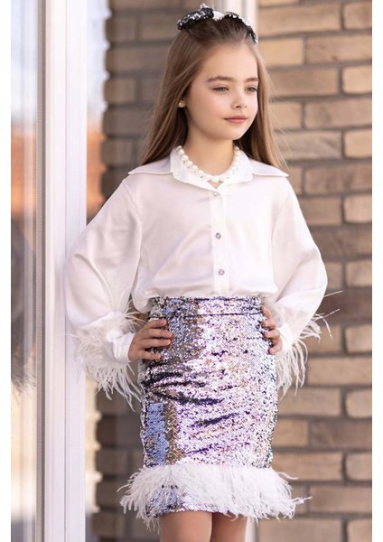 Kız Çocuk Kol Uçları ve Etek Uçu Kırçıllı Pulpaytet Detaylı Gümüş Etekli Takım modelleri