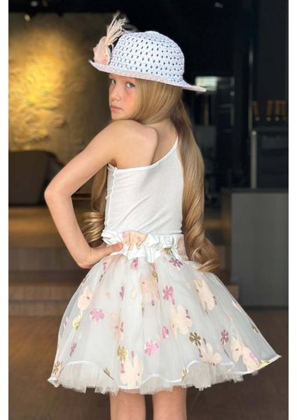 Kız Çocuk Tek Omuzlu Gül Detaylı Bluz ve Jakar Desenli Somon Etekli Takım fiyatları