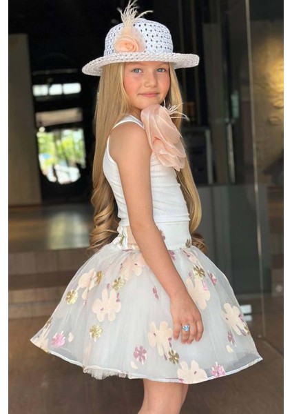 Kız Çocuk Tek Omuzlu Gül Detaylı Bluz ve Jakar Desenli Somon Etekli Takım modelleri