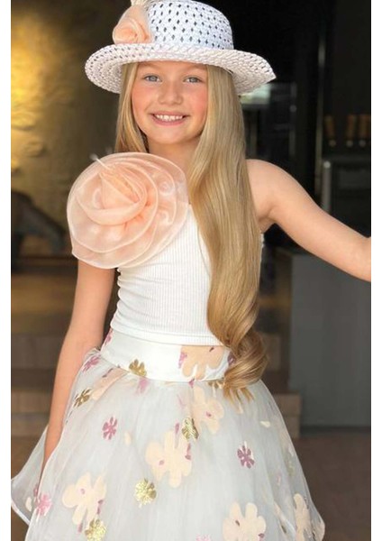 Kız Çocuk Tek Omuzlu Gül Detaylı Bluz ve Jakar Desenli Somon Etekli Takım fırsatları