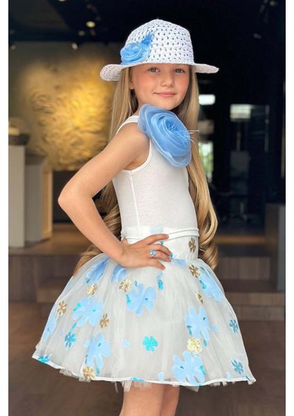 Kız Çocuk Tek Omuzlu Gül Detaylı Bluz ve Jakar Desenli Mavi Etekli Takım fiyatları