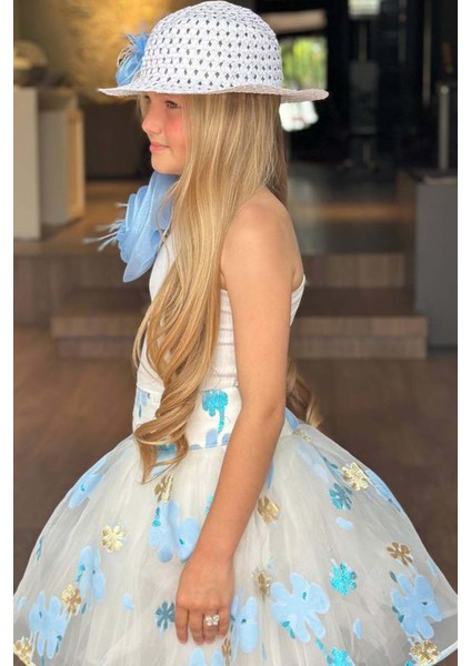 Kız Çocuk Tek Omuzlu Gül Detaylı Bluz ve Jakar Desenli Mavi Etekli Takım modelleri