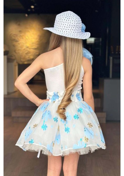 Kız Çocuk Tek Omuzlu Gül Detaylı Bluz ve Jakar Desenli Mavi Etekli Takım fırsatları