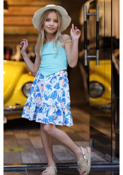 Kız Çocuk Kaşkorse Crop ve Dijital Baskılı Mavi Etekli Takım fiyatları