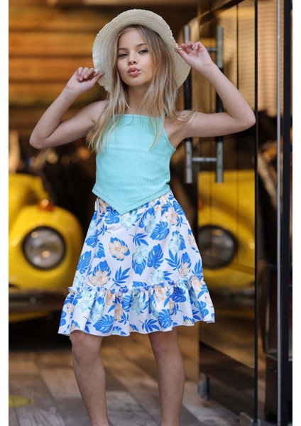 Kız Çocuk Kaşkorse Crop ve Dijital Baskılı Mavi Etekli Takım modelleri