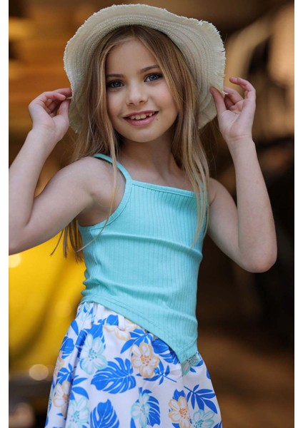 Kız Çocuk Kaşkorse Crop ve Dijital Baskılı Mavi Etekli Takım fırsatları