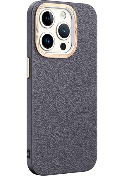 iPhone 15 Pro Max Için Pu Deri+Tpu Telefon Kılıfı Metal Lens Çerçevesi Darbeye Dayanıklı Kapak-Gri (Yurt Dışından)