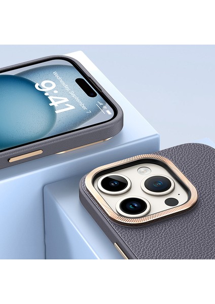 iPhone 15 Pro Max Için Pu Deri+Tpu Telefon Kılıfı Metal Lens Çerçevesi Darbeye Dayanıklı Kapak-Gri (Yurt Dışından) modelleri