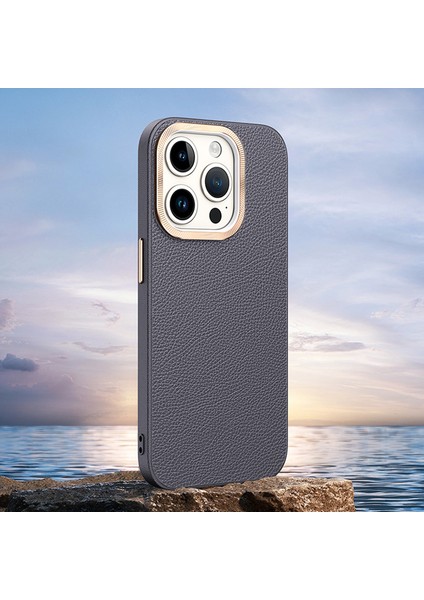 iPhone 15 Pro Max Için Pu Deri+Tpu Telefon Kılıfı Metal Lens Çerçevesi Darbeye Dayanıklı Kapak-Gri (Yurt Dışından) indirimleri