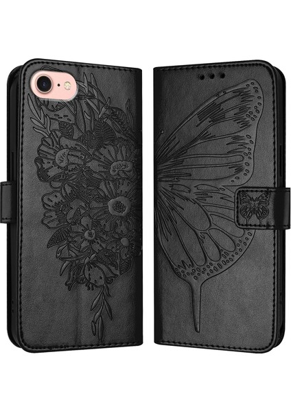 iPhone SE(2024)CÜZDAN Kılıfı Darbeye Dayanıklı Deri Telefon Kılıfı El Askılı-Siyah (Yurt Dışından)