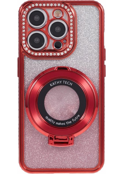 iPhone 14 Pro Için Kılıf Taşlı Lens Çerçevesi Gradyan Yumuşak Tpu Kickstand Telefon Kapağı-Kırmızı (Yurt Dışından)