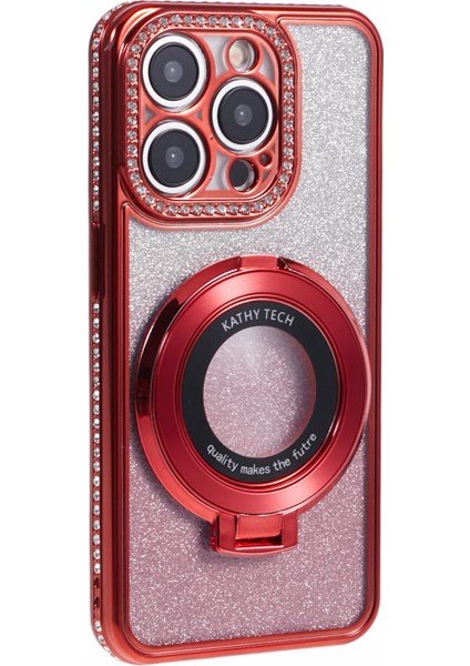 iPhone 14 Pro Için Kılıf Taşlı Lens Çerçevesi Gradyan Yumuşak Tpu Kickstand Telefon Kapağı-Kırmızı (Yurt Dışından)
