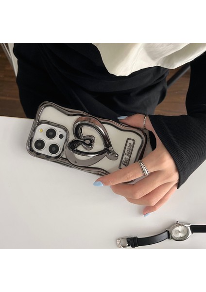 iPhone 12 Pro Max Kılıfı Elektroliz Kaplama Tpu Telefon Kılıfı Şık Kalp Çubuğu-Siyah (Yurt Dışından)