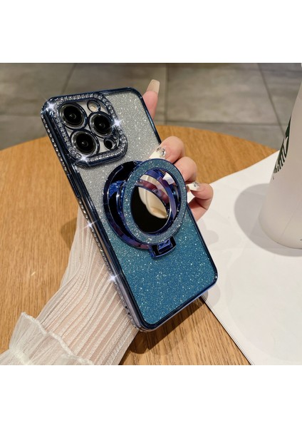IPhone 13 Pro Için 6.1 Inç Kapak Pc Kickstand Tpu Manyetik Telefon Kılıfı, Akrilik Ayna-Mavi (Yurt Dışından)