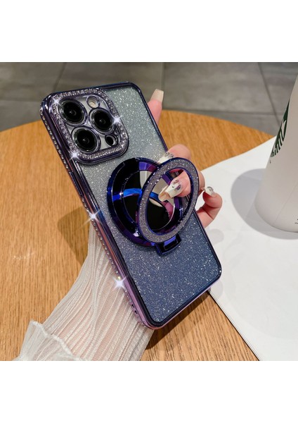 IPhone 13 Pro Için 6.1 Inç Kapak Pc Kickstand Tpu Manyetik Telefon Kılıfı, Akrilik Ayna-Mor (Yurt Dışından)