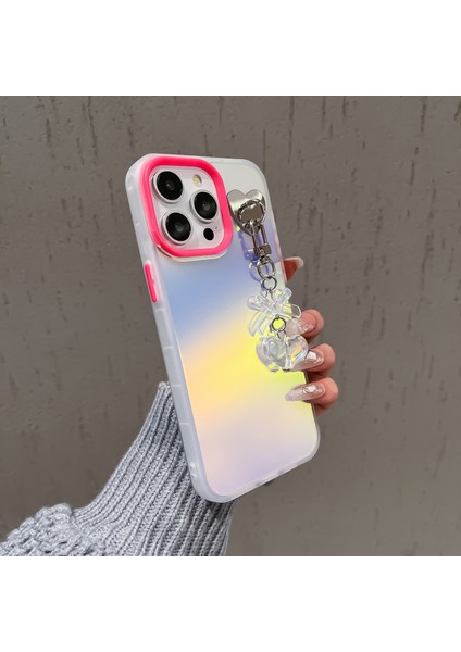 iPhone 12 Pro Max Kılıf Lazer Efektli Mat Pc+Tpu Telefon Kılıfı Kalp Fiyonklu Dekor-Gül (Yurt Dışından)