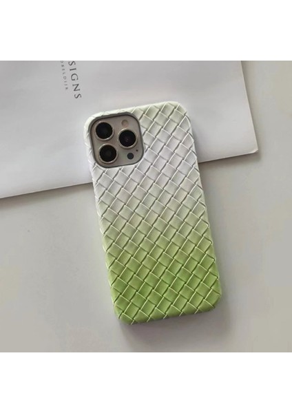iPhone 15 Pro Için Pu Deri+Pc Telefon Kılıfı Dokuma Dokulu Telefon Kapağı Degrade Renk Tasarımı-Yeşil (Yurt Dışından)