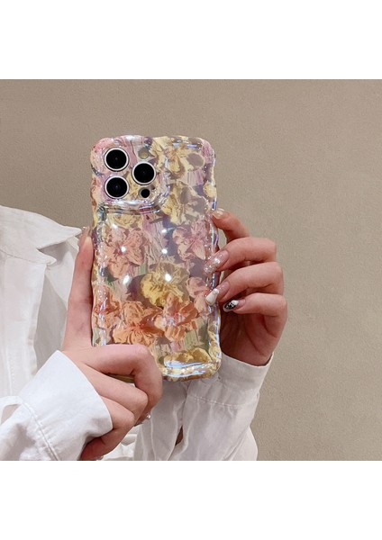 iPhone 13 Pro Için 6.1 Inç Kapak Yağlıboya Çiçek Desen Dalga Kenar Tpu Blu-Ray Imd Telefon Kılıfı-Pembe (Yurt Dışından)