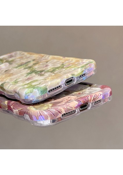 iPhone 13 Pro Için 6.1 Inç Kapak Yağlıboya Çiçek Desen Dalga Kenar Tpu Blu-Ray Imd Telefon Kılıfı-Pembe (Yurt Dışından)