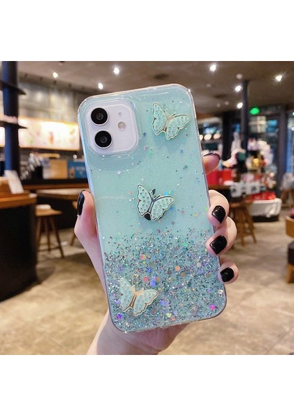 iPhone 12 Için Kapak Payetler Dekor Epoksi Tpu Telefon Kılıfı-Yeşil (Yurt Dışından)